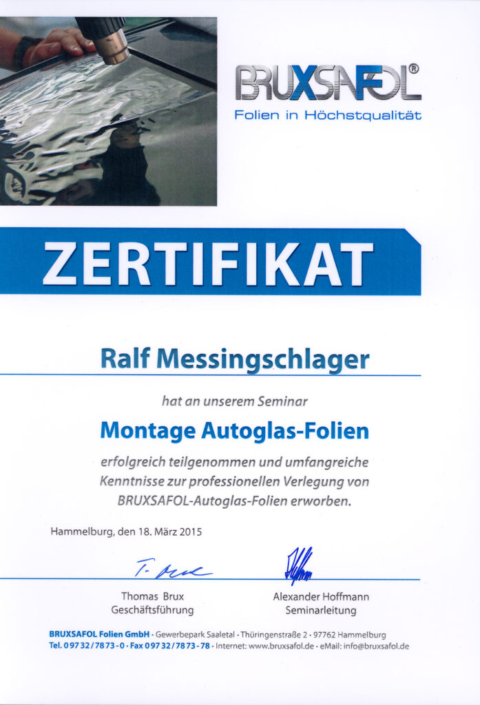 Bruxsafol Zertifikat Scheibentönen